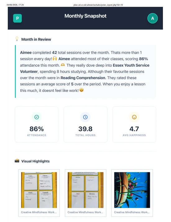 Monthly Snapshot report, perfect for sharing with family