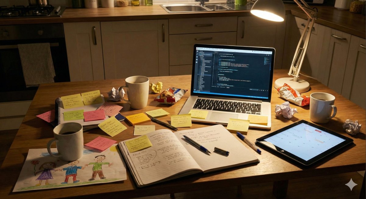 A kitchen table covered in post-it notes and coffee cups at night